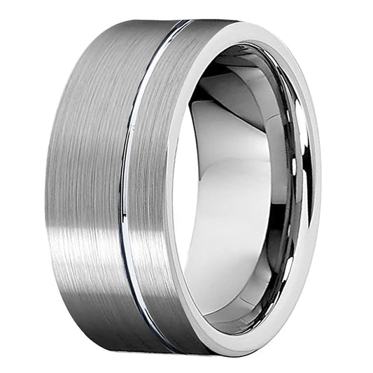 10mm Silver Tungsten Ring with Offset Line