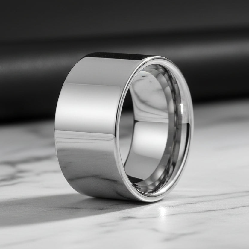 12mm Men Silver Tungsten Ring Shiny Flat Finish