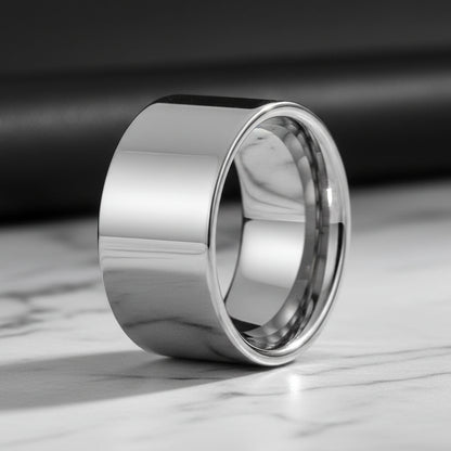 12mm Men Silver Tungsten Ring Shiny Flat Finish