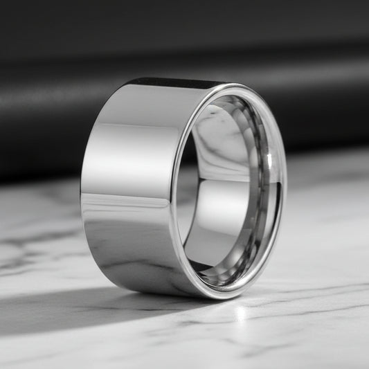 12mm Men Silver Tungsten Ring Shiny Flat Finish