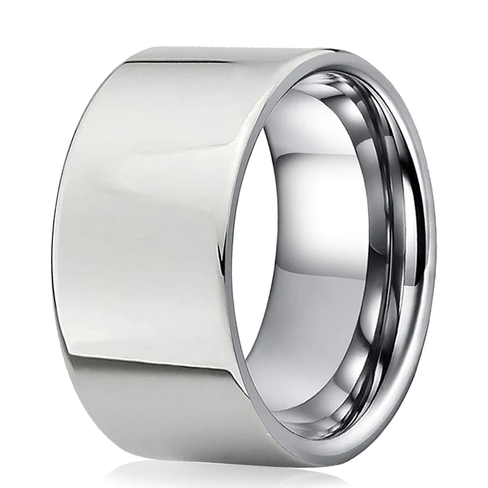 12mm Men Silver Tungsten Ring Shiny Flat Finish