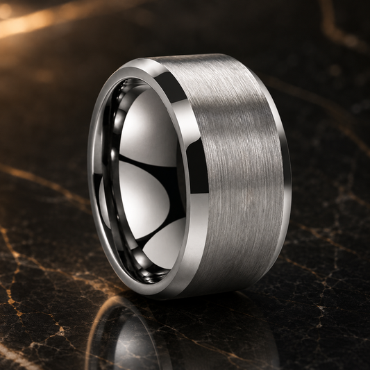 12mm Silver Tungsten Ring with Beveled Edges