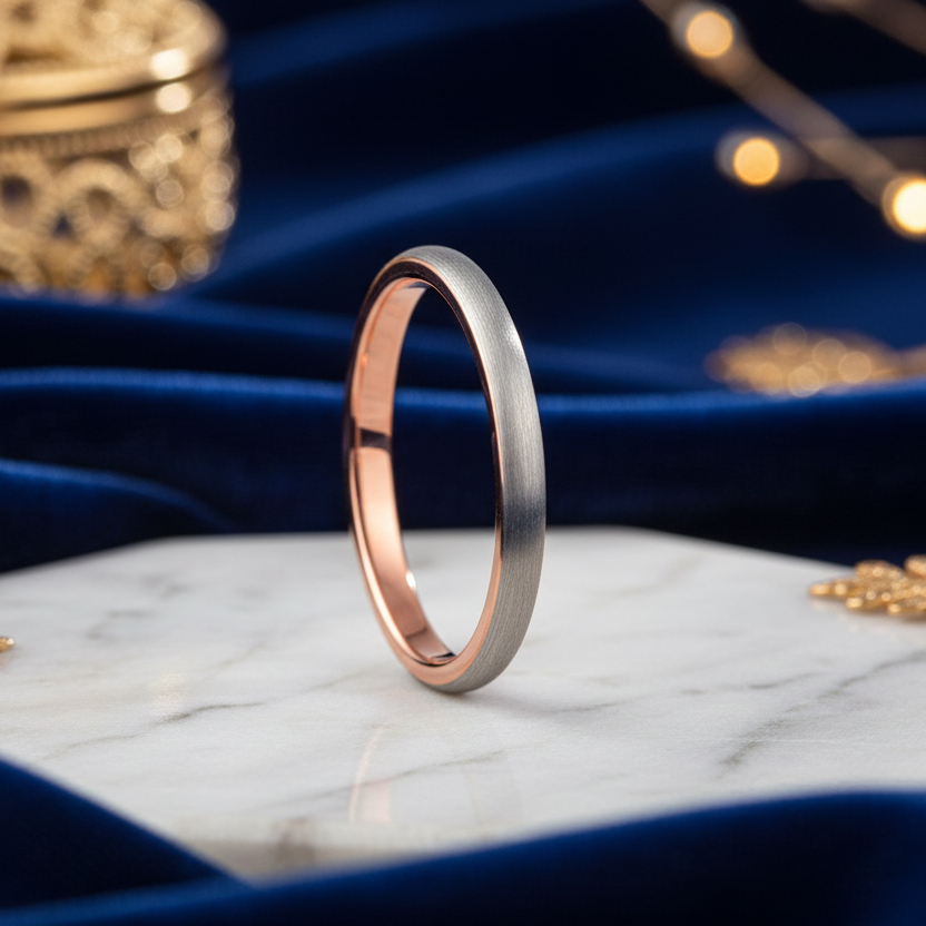 2mm Rose Gold and Silver Tungsten Engagement Ring