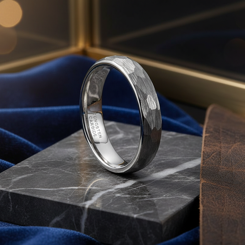 4mm Hammered Silver Tungsten Ring 