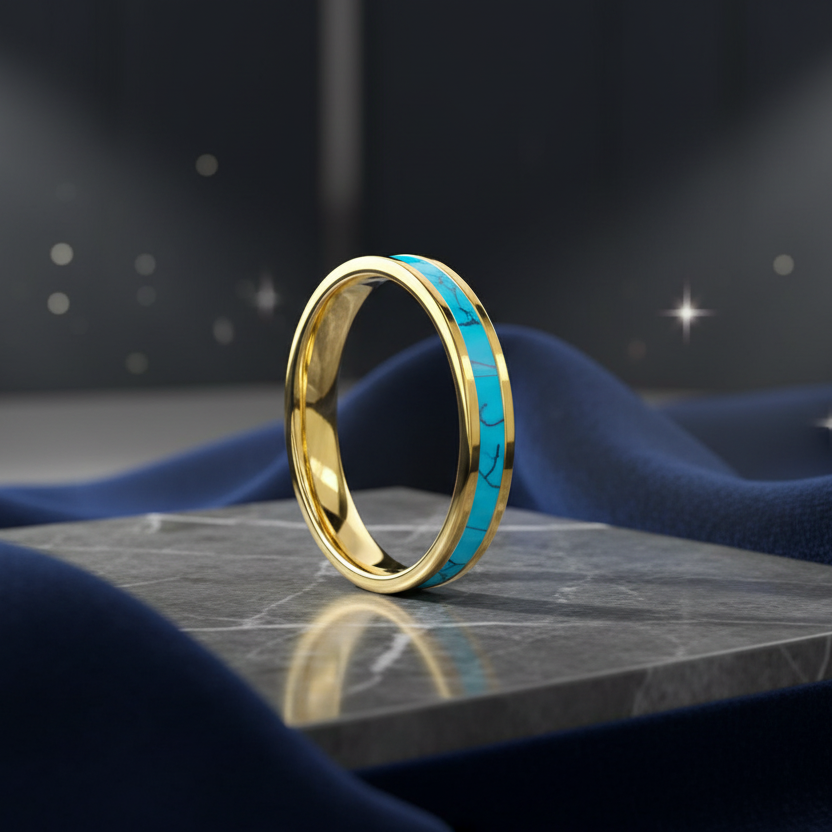 4mm Tungsten Turquoise Stone Inlaid Ring