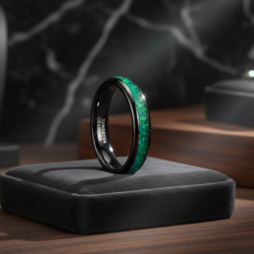 4mm Tungsten Ring With Genuine Green Opal Inlay