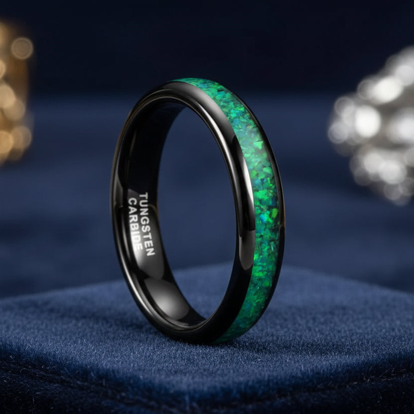 4mm Tungsten Ring With Genuine Green Opal Inlay