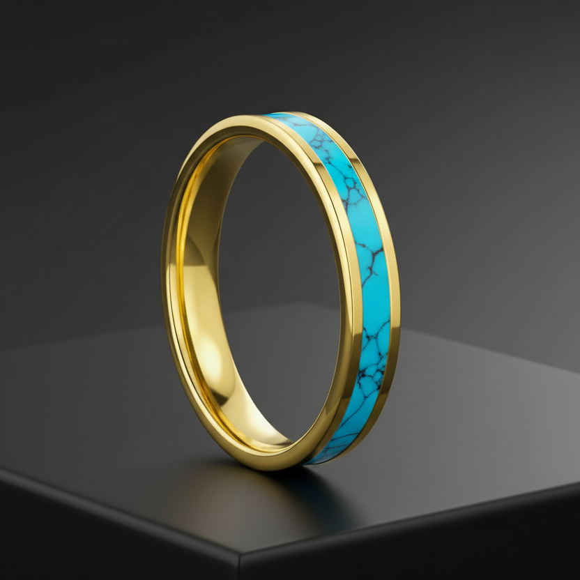 4mm Tungsten Turquoise Stone Inlaid Ring