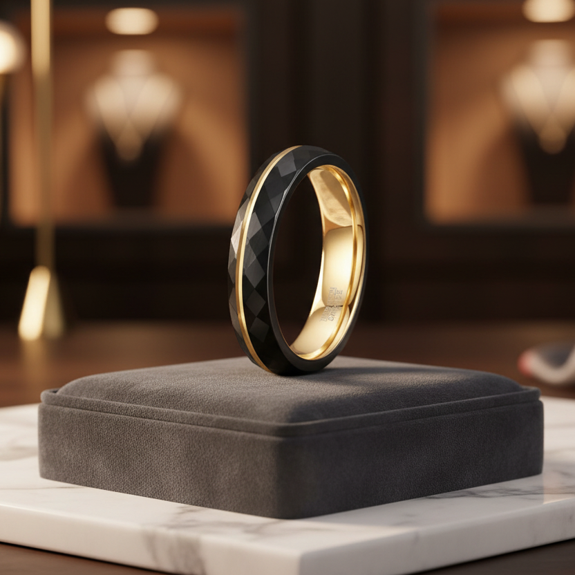 4mm Black Tungsten Ring with Gold Groove