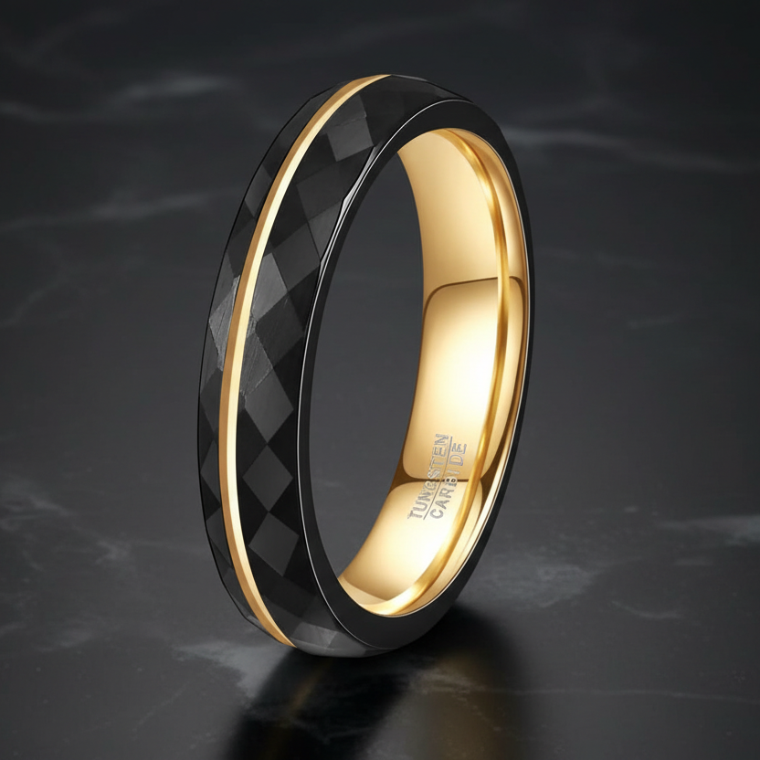 4mm Black Tungsten Ring with Gold Groove