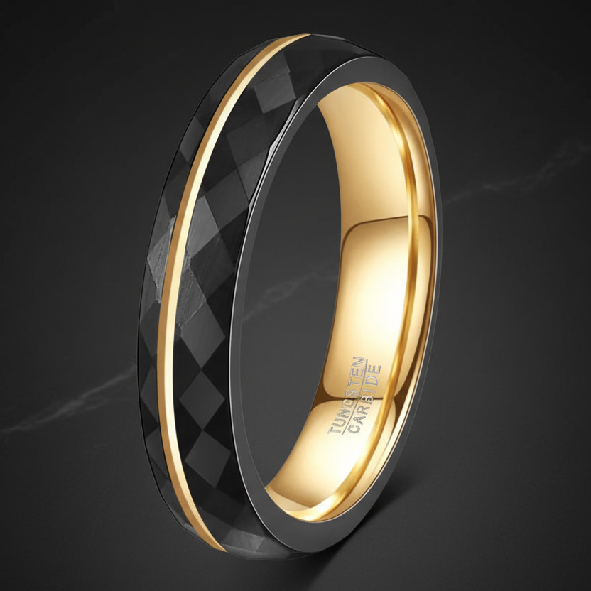 4mm Black Tungsten Ring with Gold Groove