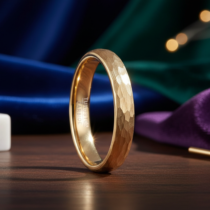 4mm Gold Hammered Tungsten Carbide Ring