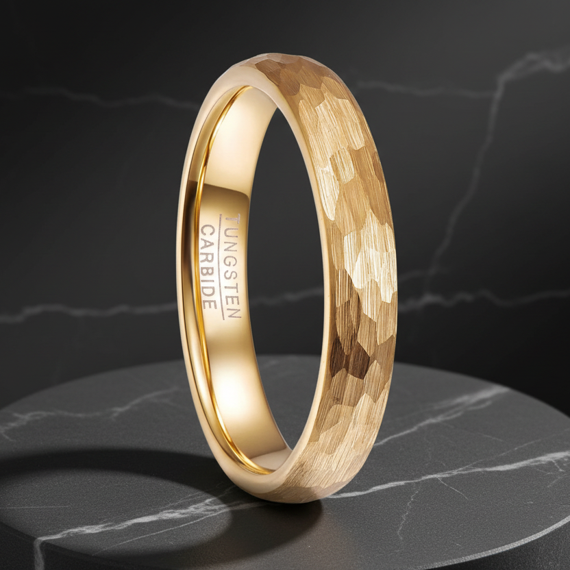 4mm Gold Hammered Tungsten Carbide Ring