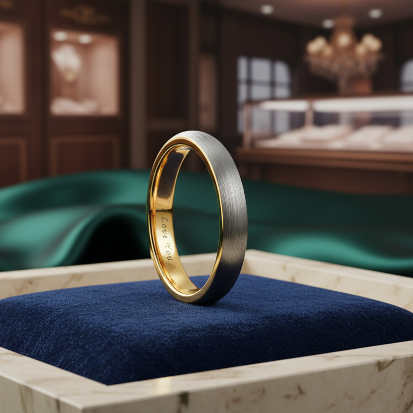 4mm Gold and Silver Tungsten Ring I Love You Engraved