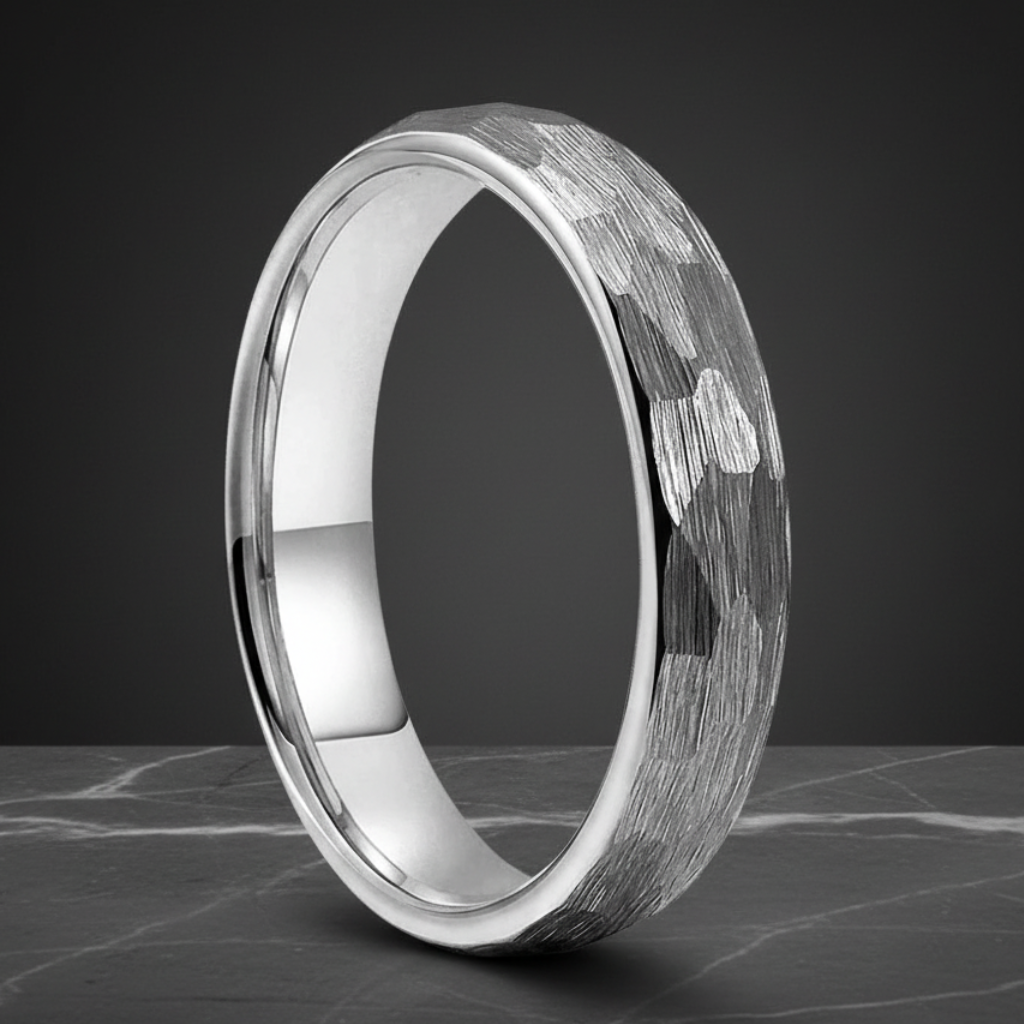 4mm Hammered Silver Tungsten Ring 