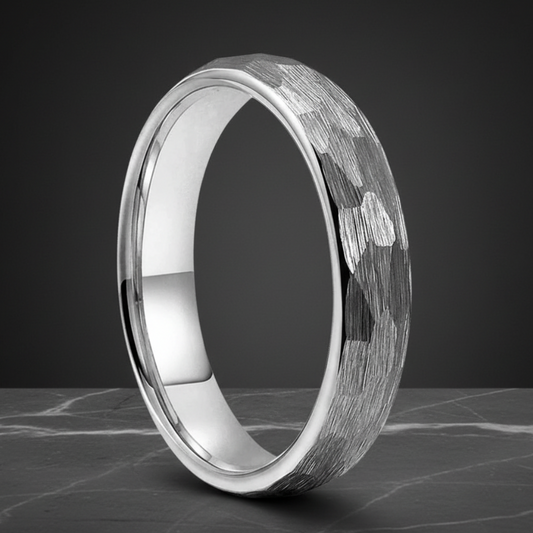 4mm Hammered Silver Tungsten Ring 