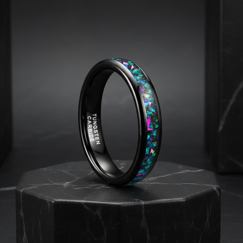 4mm Tungsten Carbide Ring With Galaxy Opal Inlay