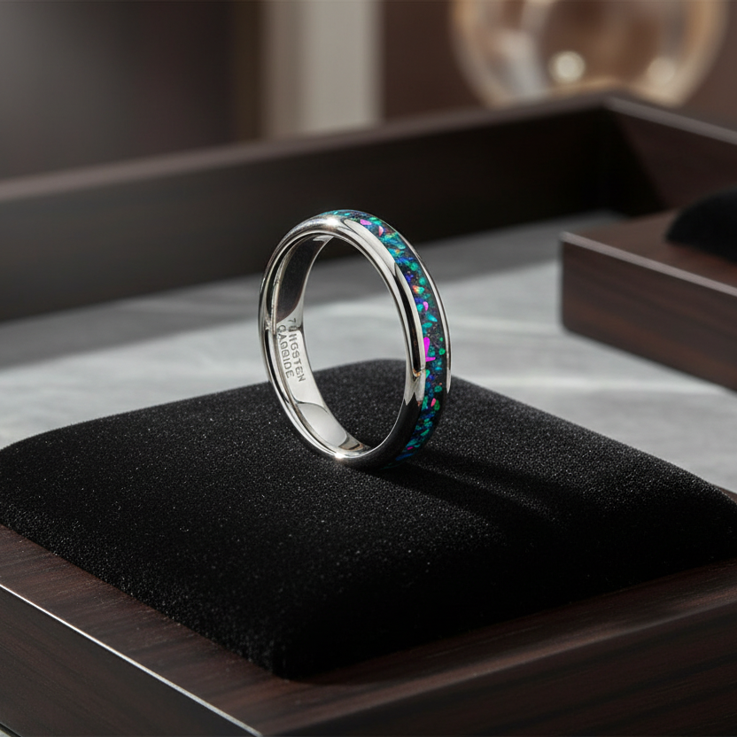 4mm Tungsten Carbide Ring With Galaxy Opal Inlay