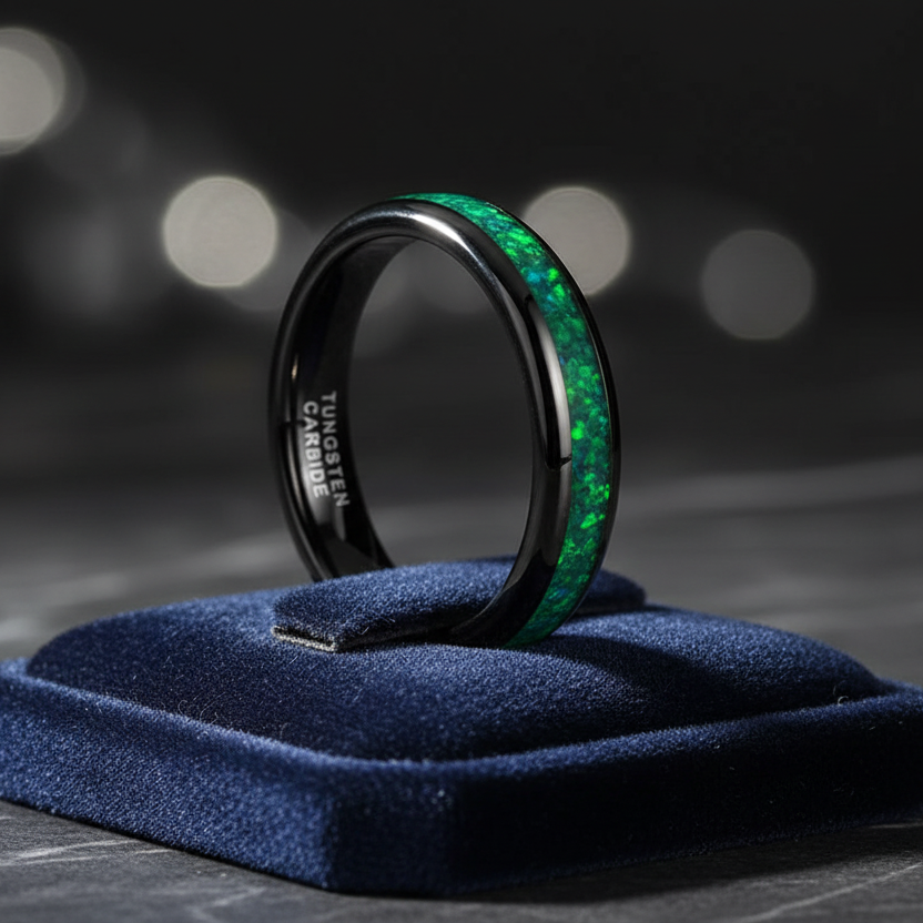 4mm Tungsten Ring With Genuine Green Opal Inlay