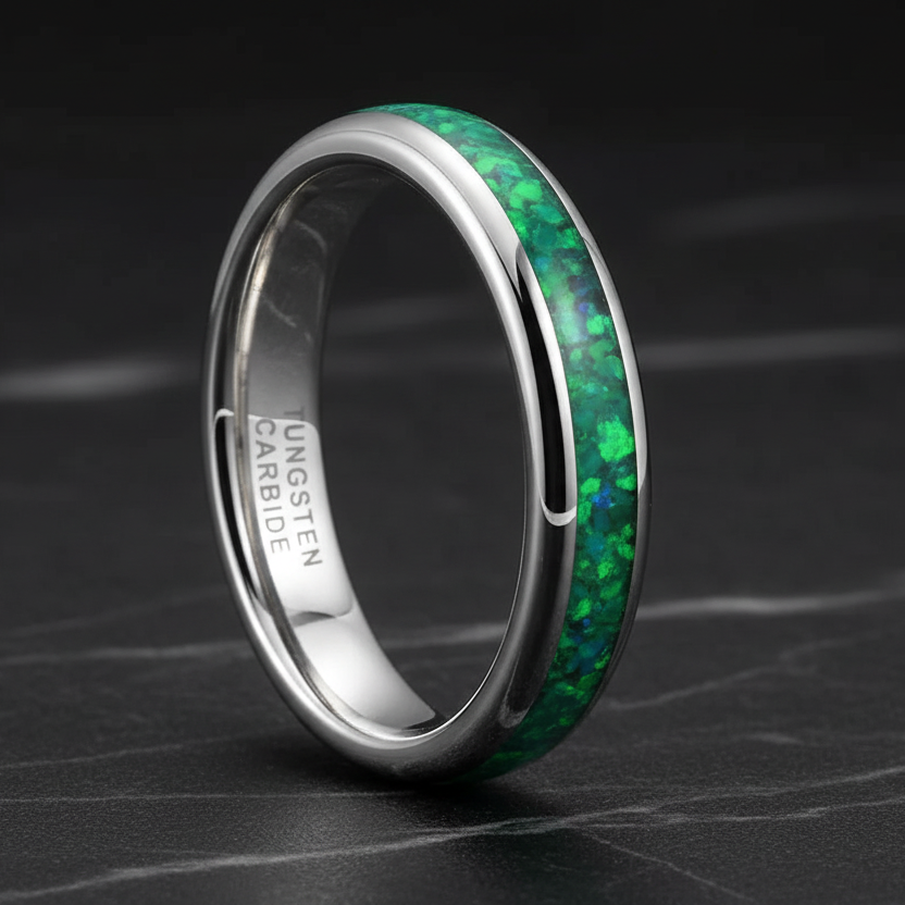 4mm Tungsten Ring With Genuine Green Opal Inlay