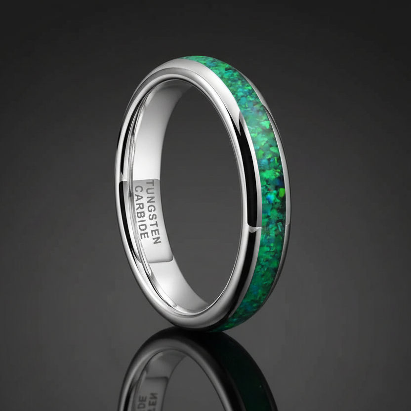 4mm Tungsten Ring With Genuine Green Opal Inlay
