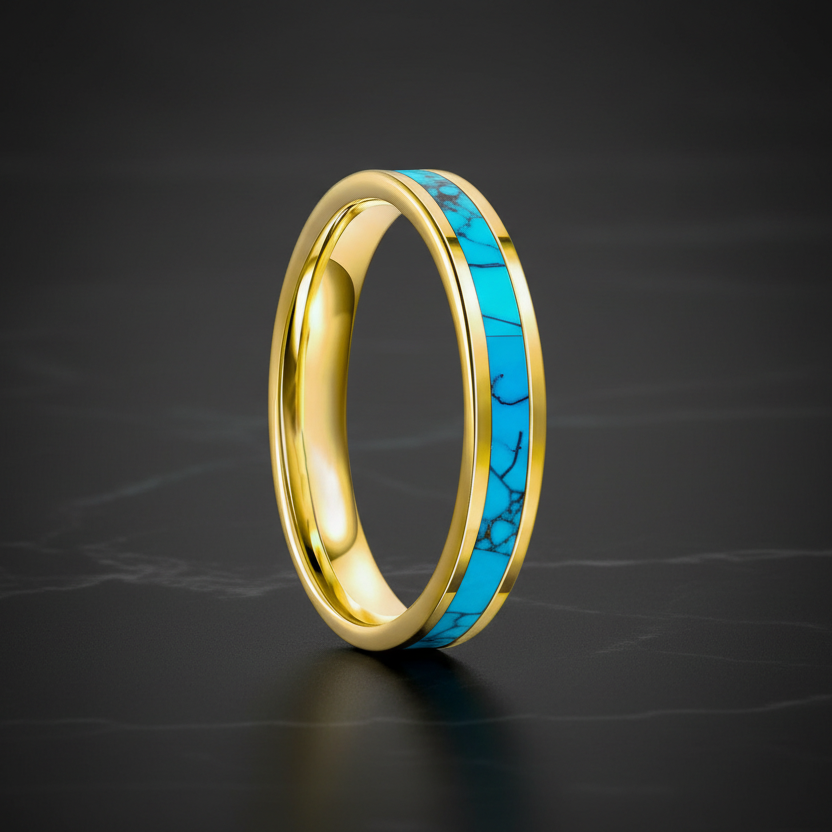 4mm Tungsten Turquoise Stone Inlaid Ring