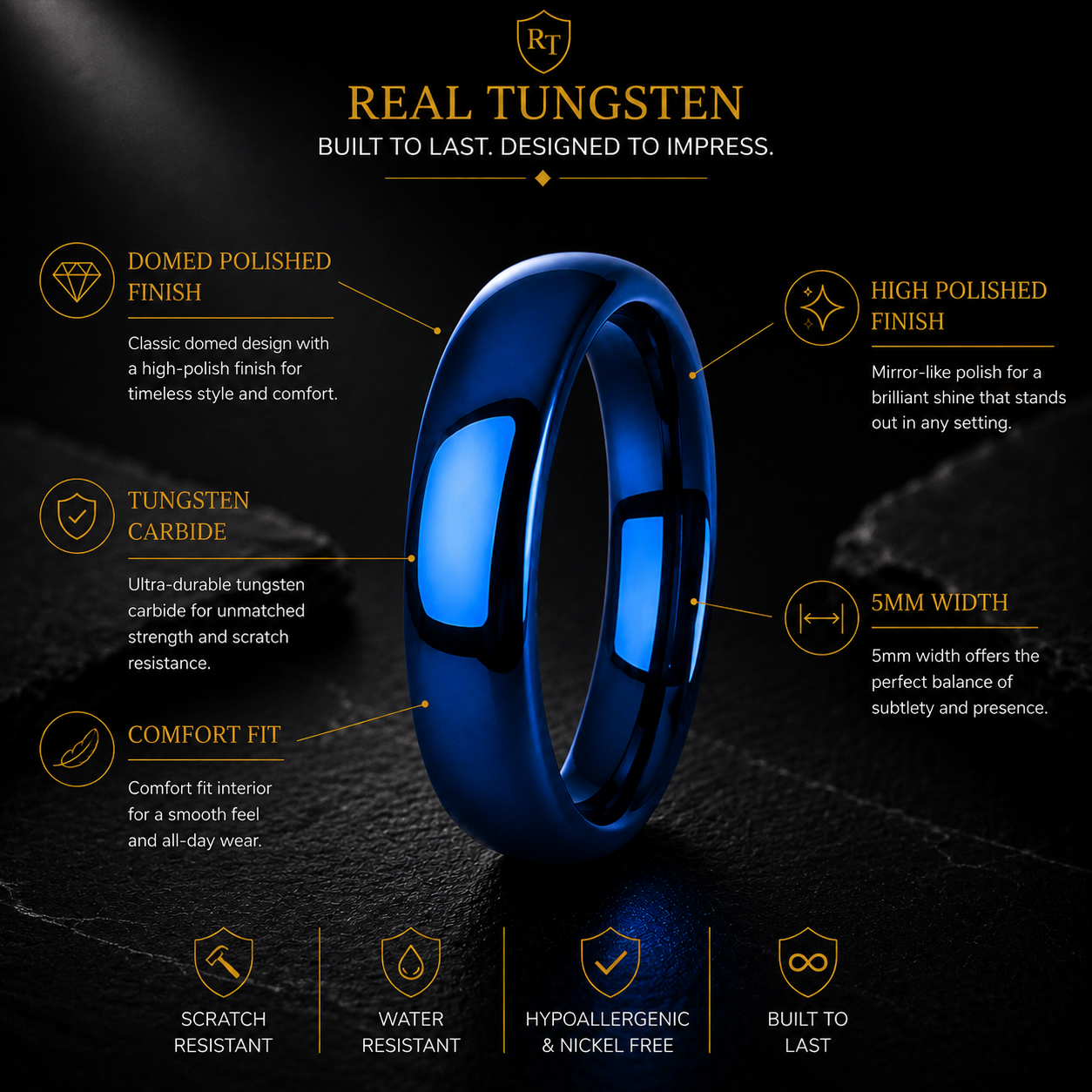 5mm Blue Tungsten Ring with Domed Polished Finish