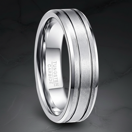 6MM Brushed Silver Tungsten Wedding Band with Center Groove
