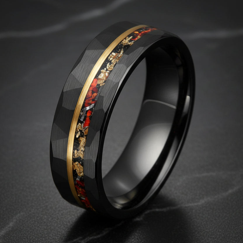 Gold Foil Meteorite & Opal Tungsten Wedding Band