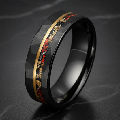 Gold Foil Meteorite & Opal Tungsten Wedding Band