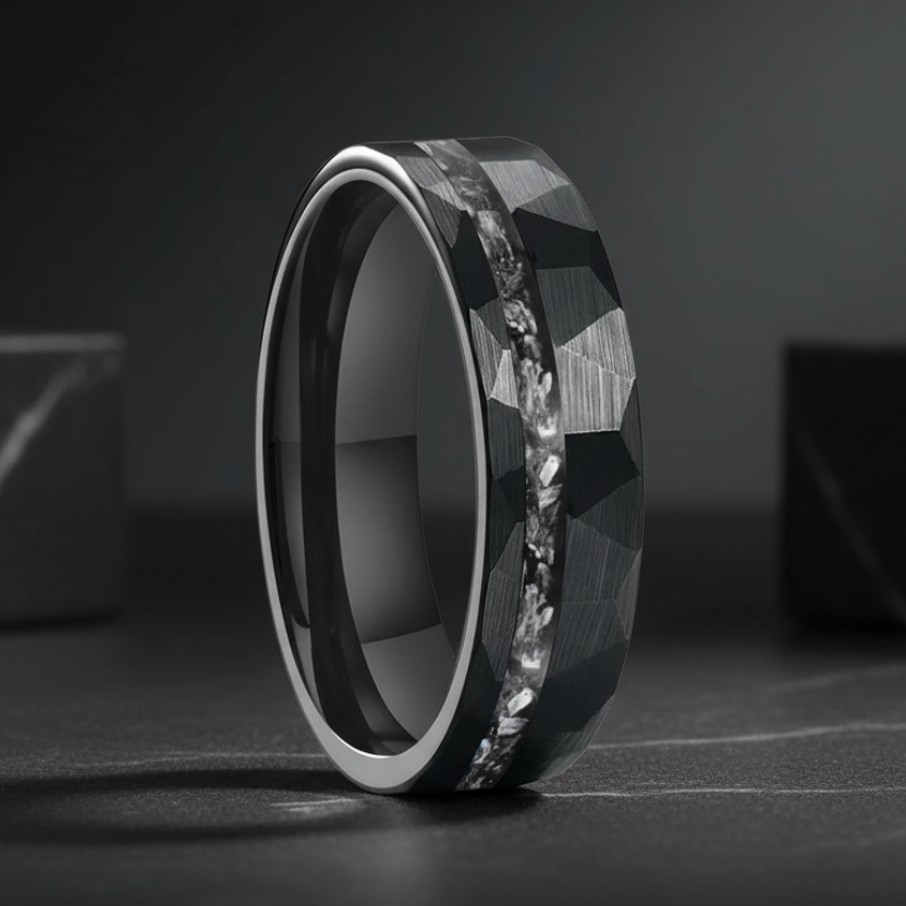 6MM Meteorite Mens Hammered Tungsten Wedding Ring