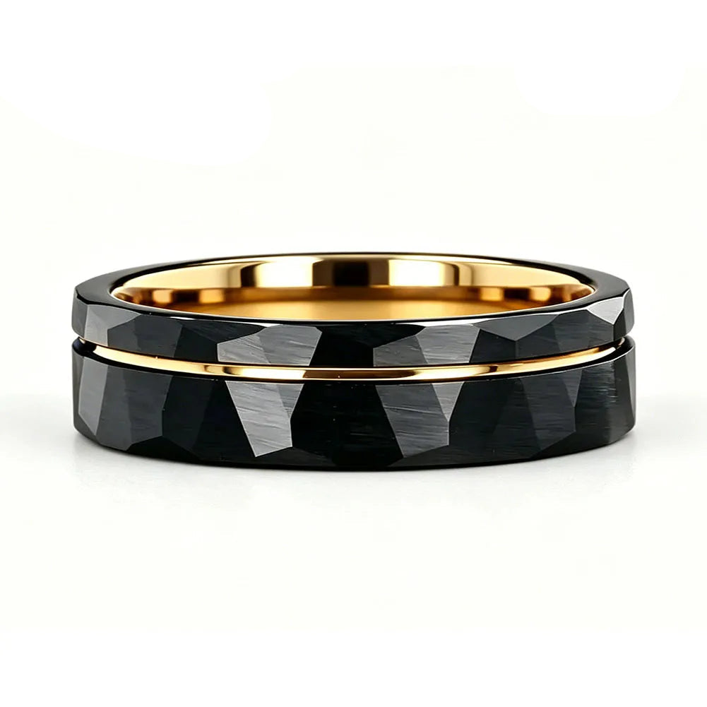 Black Hammered Tungsten Ring with Groove Line