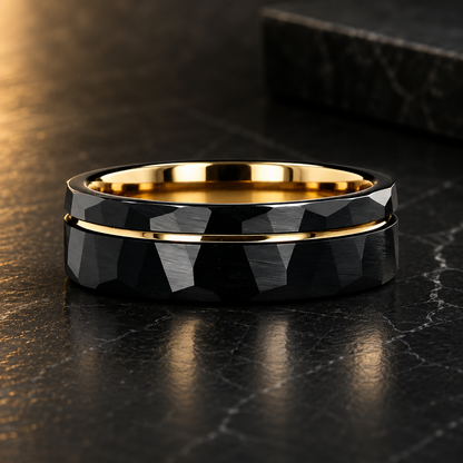 Black Hammered Tungsten Ring with Groove Line