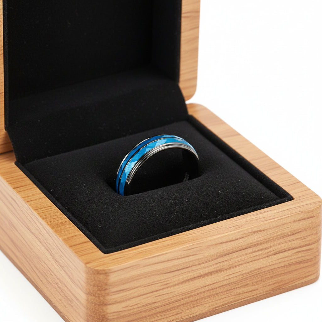 6mm Blue Hammered Tungsten Ring