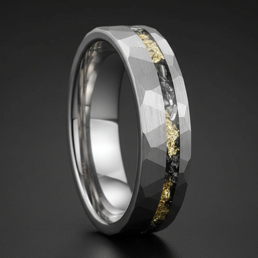 Hammered Gold Foil Meteorite Tungsten Wedding Band