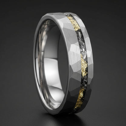 Hammered Gold Foil Meteorite Tungsten Wedding Band