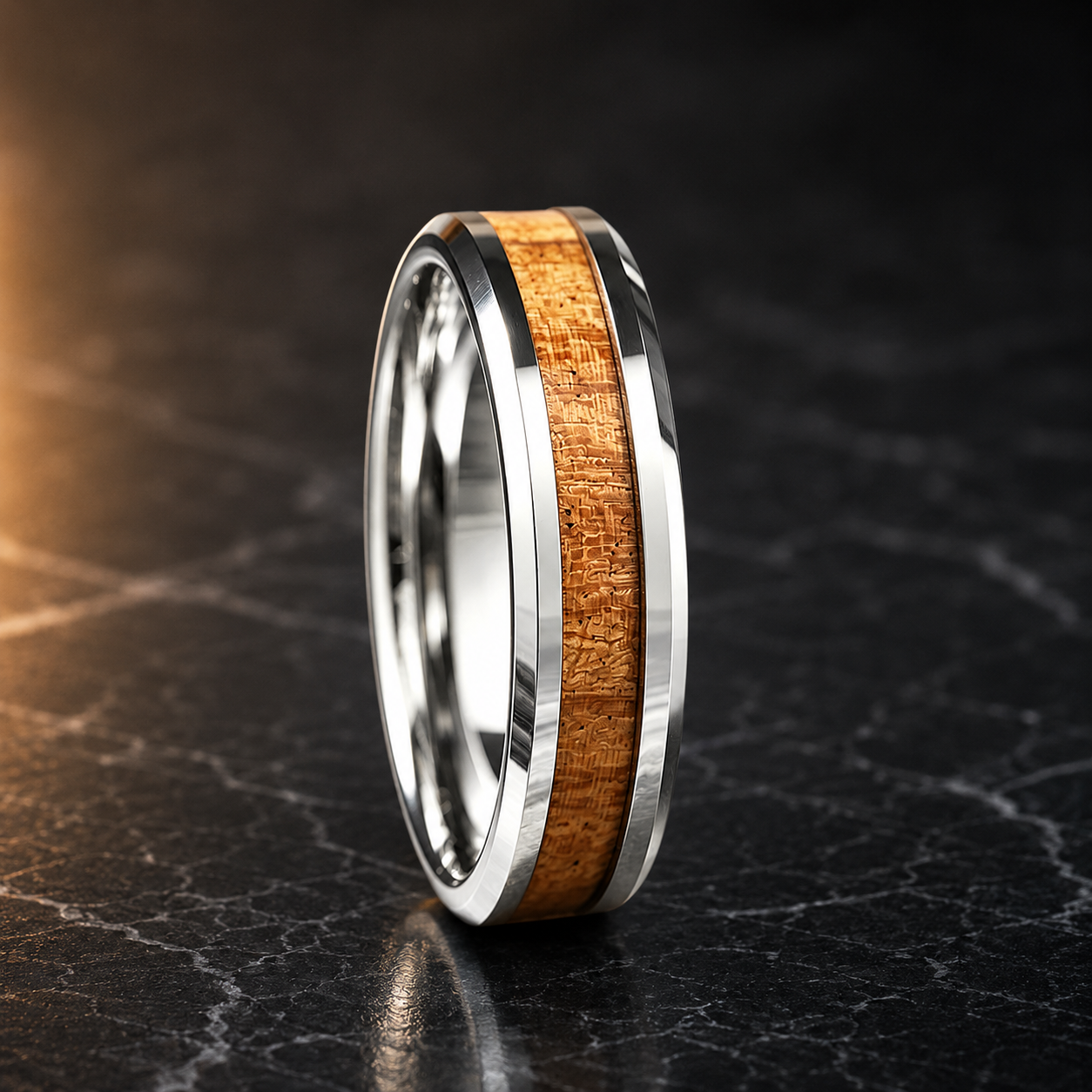 Koa Wood Tungsten Ring with Beveled Polished Finish
