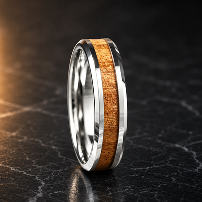 Koa Wood Tungsten Ring with Beveled Polished Finish