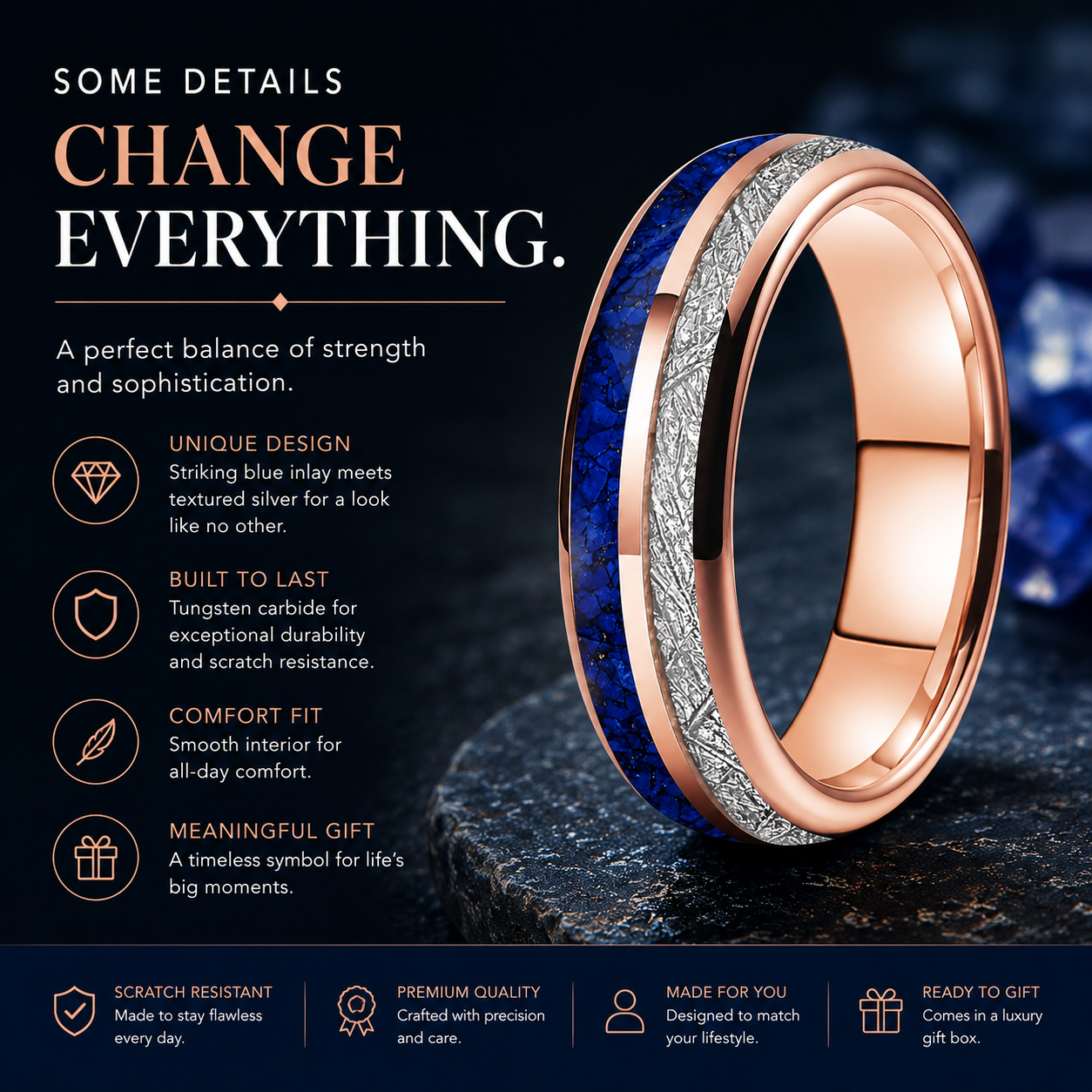 6mm Lapis Lazuli Meteorite Tungsten Ring