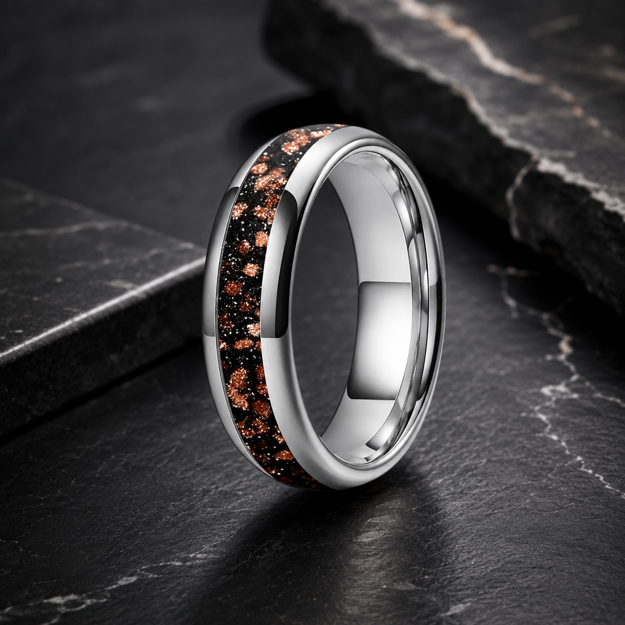 Tungsten Ring with Red Goldstone Nebula Inlay