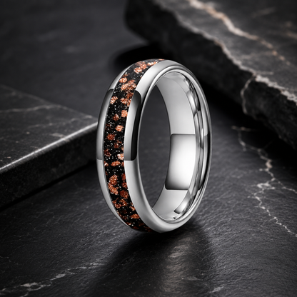 Tungsten Ring with Red Goldstone Nebula Inlay