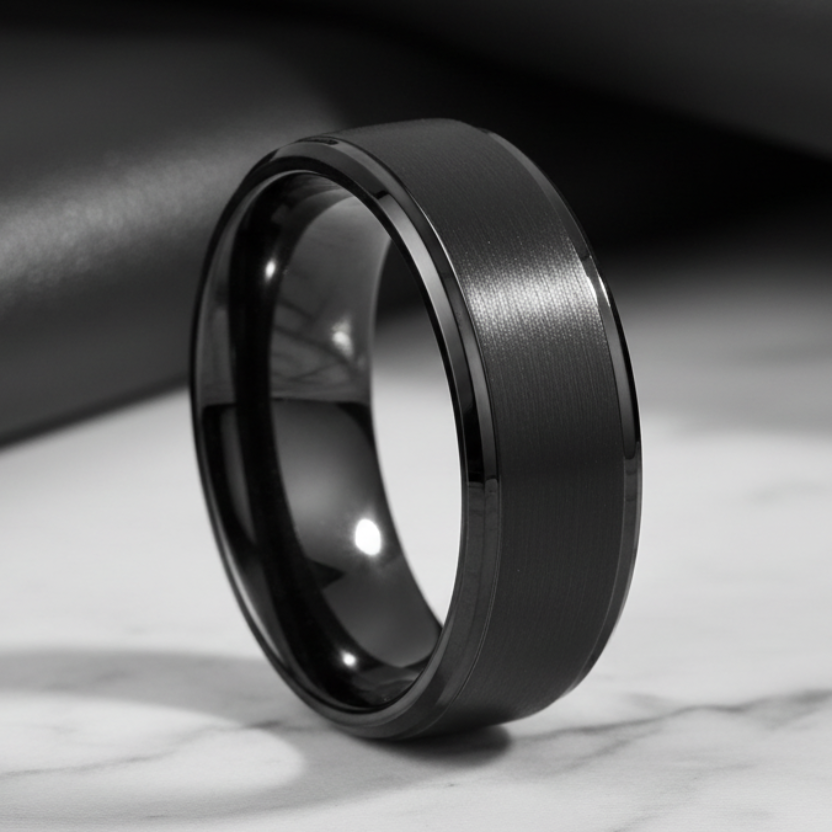 6mm & 8mm Brushed Tungsten Wedding Band – Beveled Edges