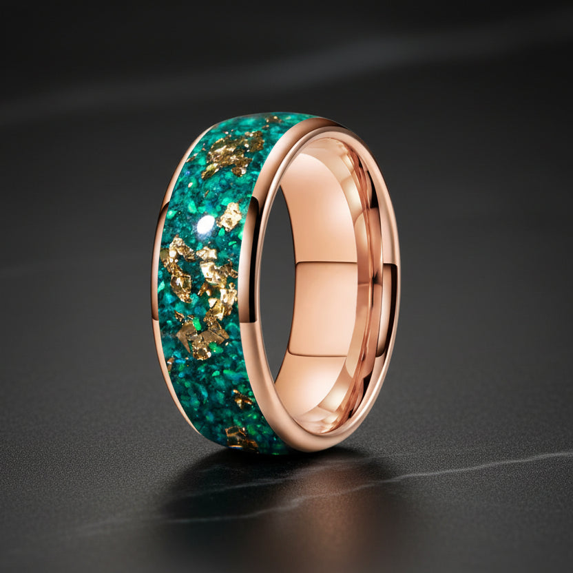 6mm/8mm Green Opal Gold Foil Tungsten Ring – Men & Women