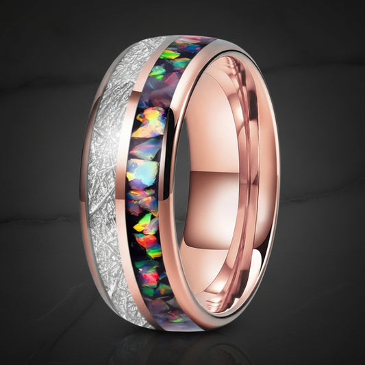 6mm & 8mm Opal & White Meteorite Tungsten Ring