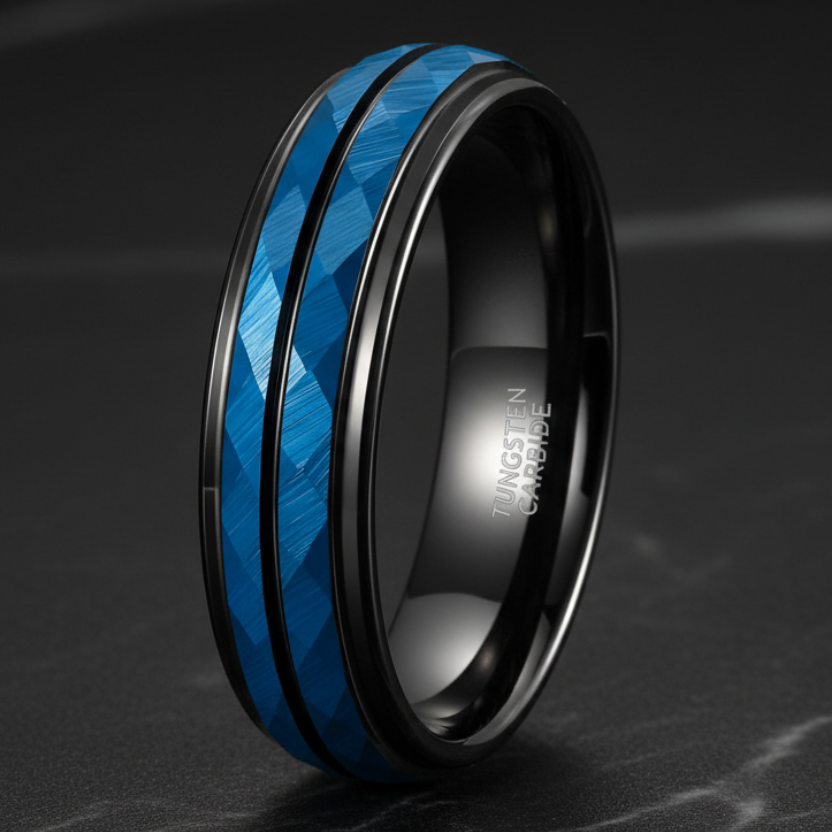 6mm Blue Hammered Tungsten Ring - RealTungsten