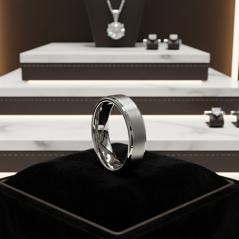 6mm Brushed Tungsten Carbide Ring with Stepped Edges – Wedding Band