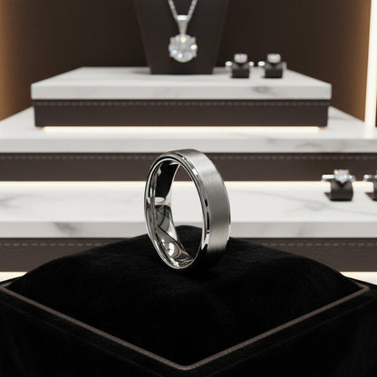 6mm Brushed Tungsten Carbide Ring with Stepped Edges – Wedding Band