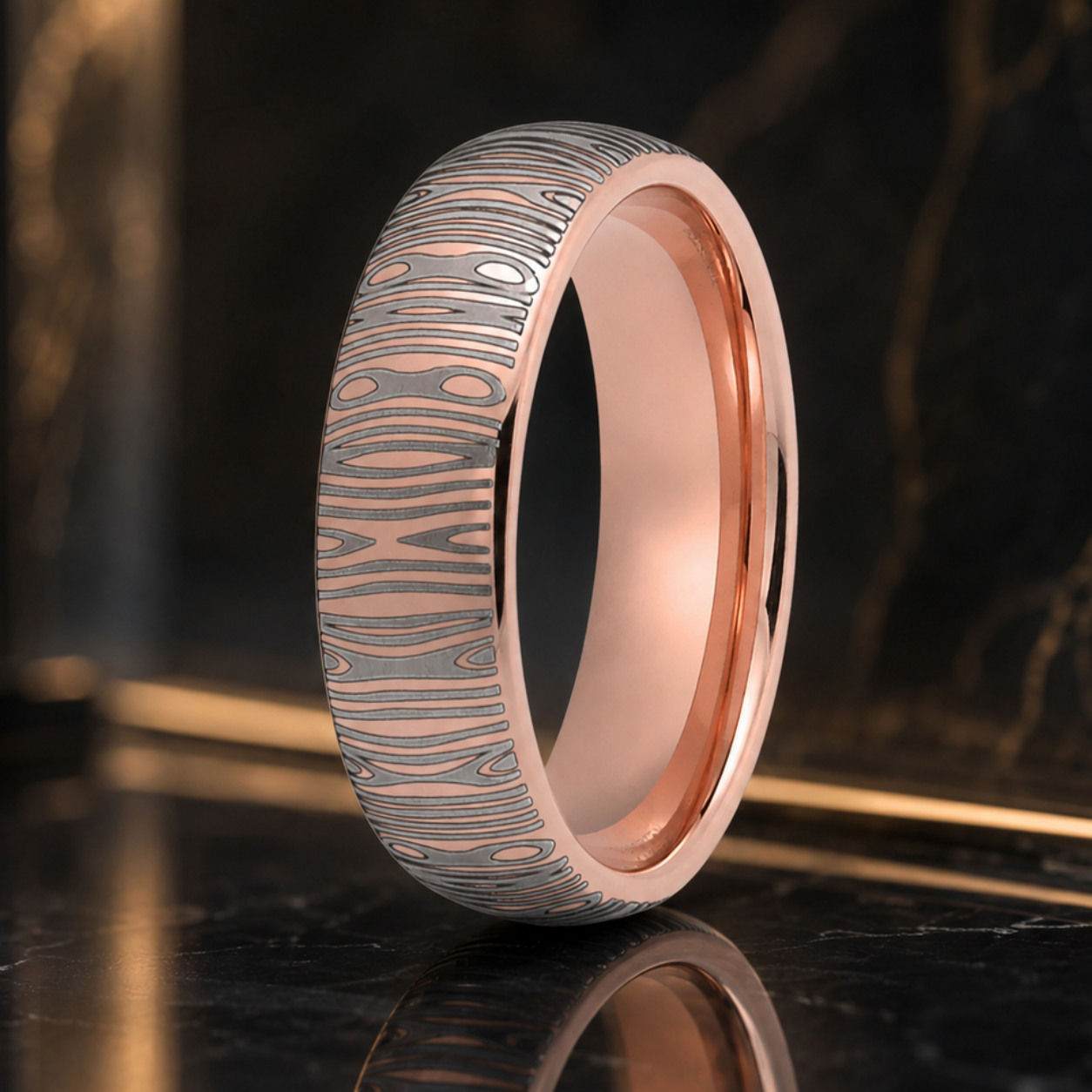 6mm Domed Tungsten Ring with Damascus Laser Engraving