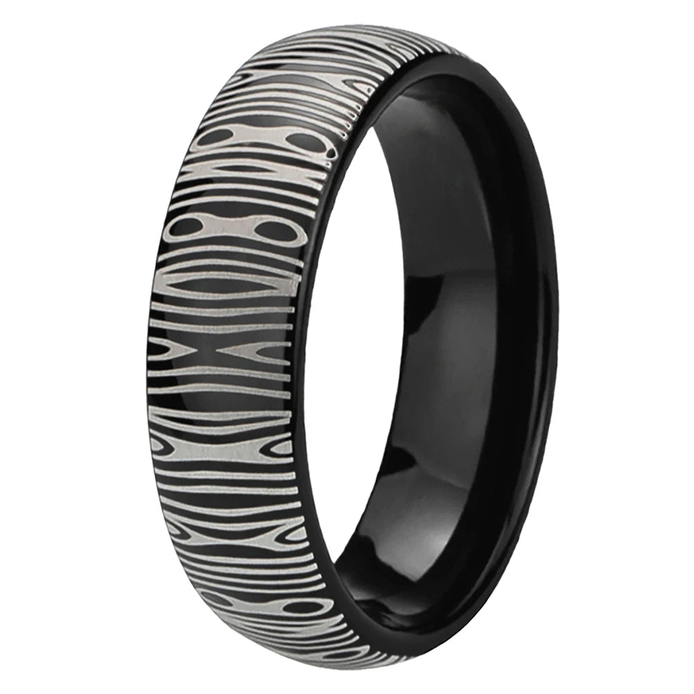 6mm Domed Tungsten Ring with Damascus Laser Engraving