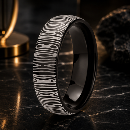 6mm Domed Tungsten Ring with Damascus Laser Engraving
